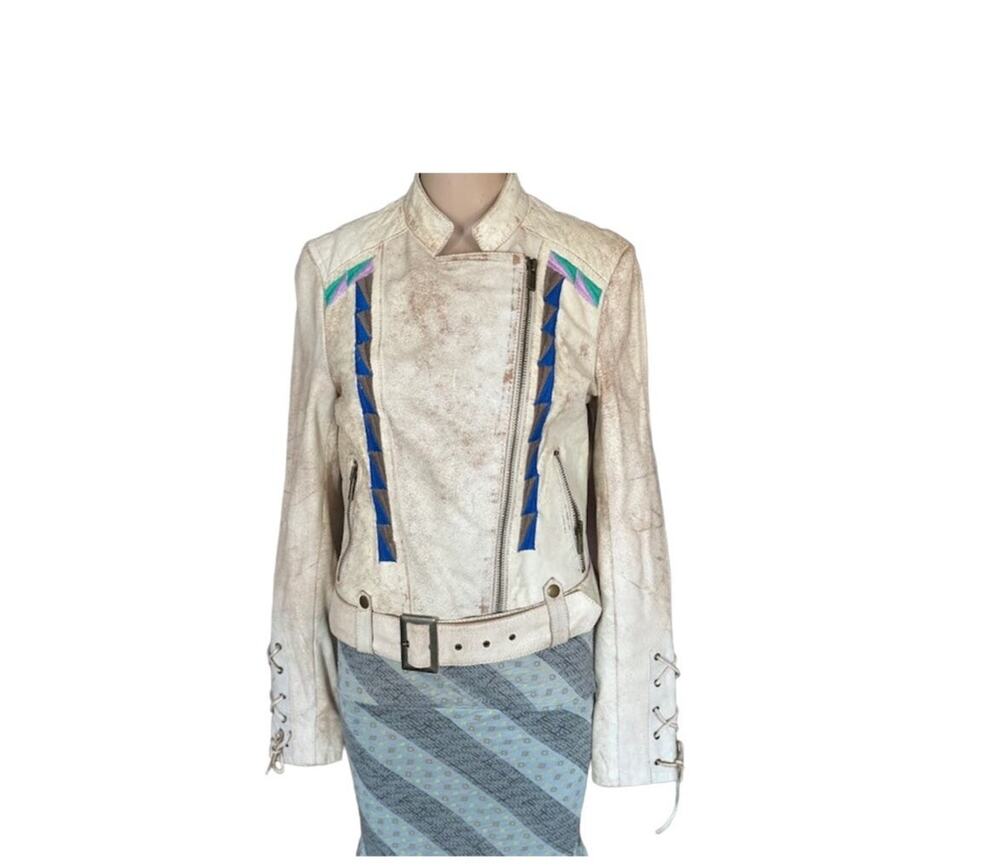 Embroidered and Distressed White Leather Motorcycle Biker Jacket by Black Rivet